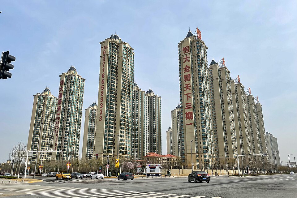 High-rise residential apartment towers built by Evergrande Group, emblem of China's debt-fueled municipal land-finance model before its 2021 bond default and 2024 liquidation order.